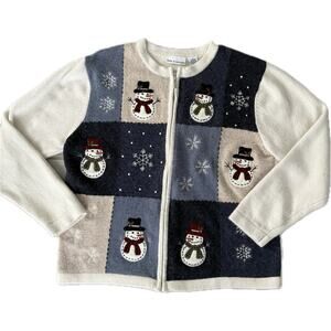 Croft & Barrow Snowman Cardigan L Patchwork Embroidered Grannycore Holiday